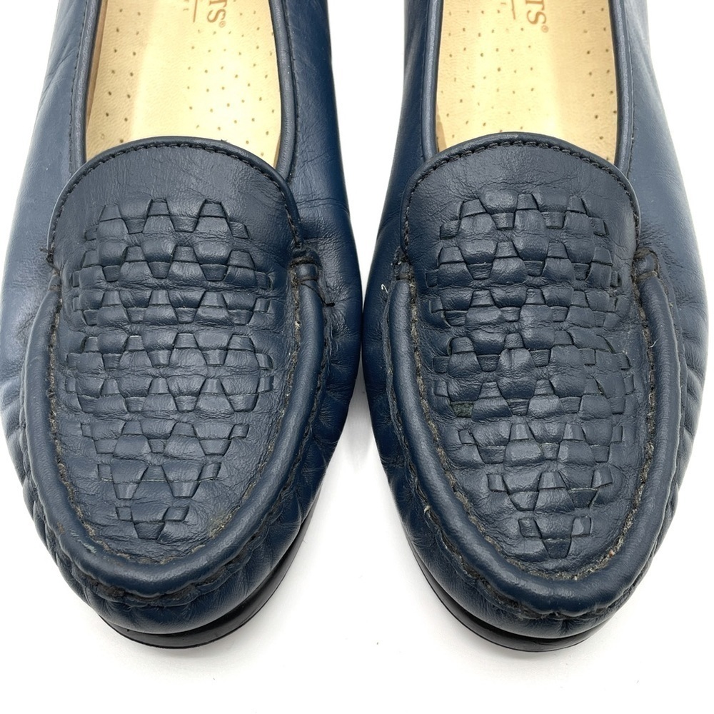 Soft Spots Constance Navy Blue Leather Basket Weave Slip On Loafers